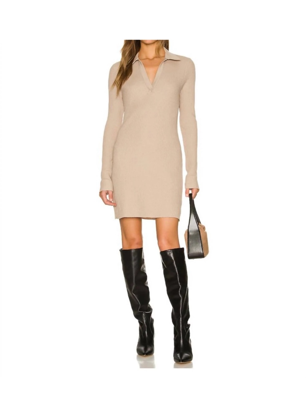 NWT the range long sleeve polo ribbed mini dress in mushroom women’s size small